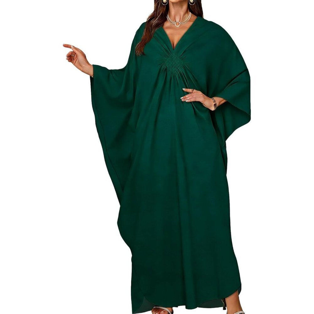 Women's Dark Green V-Neck Batwing Sleeves Beach Smocked Waist Maxi Kaftan Dress